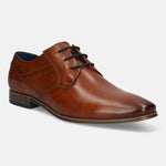 Cognac leather dress shoe by bugatti featuring black laces and subtle stitching details.
