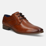 Cognac leather dress shoe by bugatti featuring black laces and subtle stitching details.