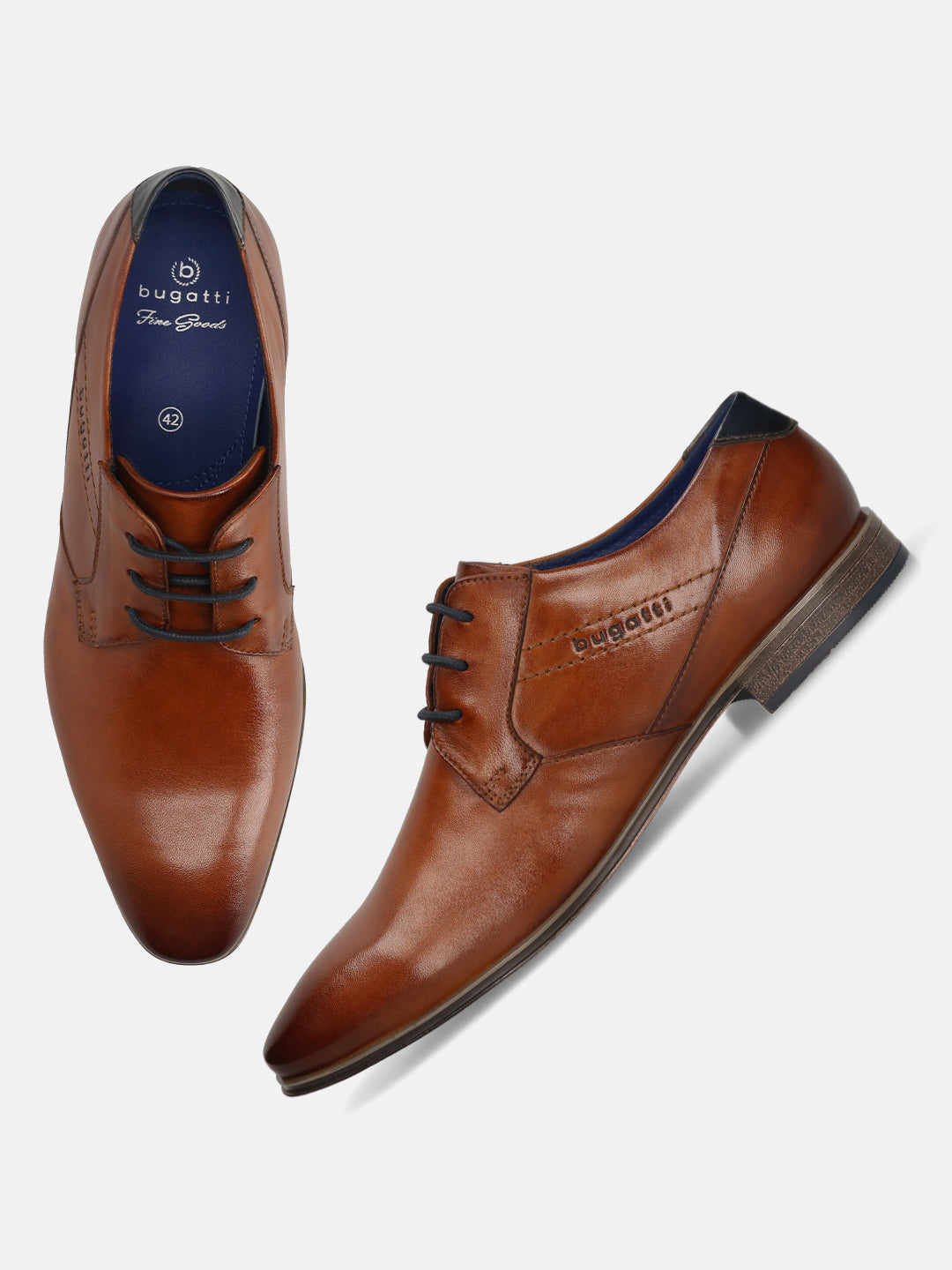 Cognac premium leather derby formal shoes by Bugatti, featuring black laces and visible interior lining.