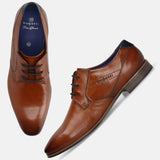 Cognac premium leather derby formal shoes by Bugatti, featuring black laces and visible interior lining.