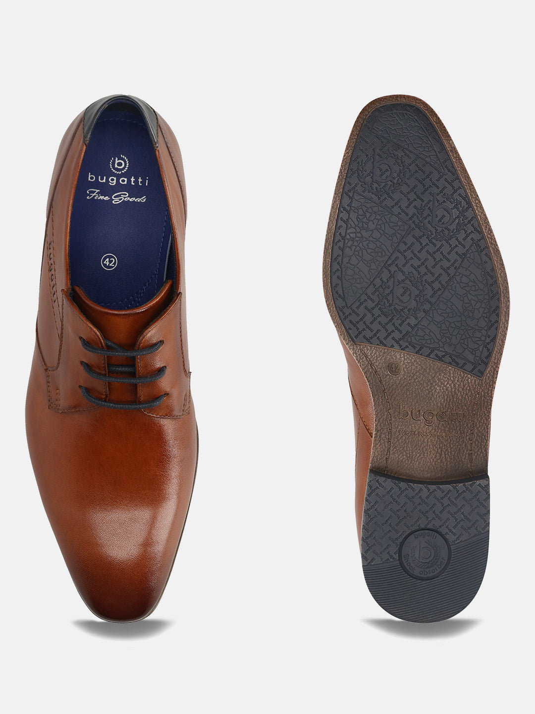 Cognac leather formal shoes by bugatti, showing top view and sole with brand logo pattern.