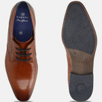 Cognac leather formal shoes by bugatti, showing top view and sole with brand logo pattern.
