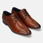 Cognac leather derby dress shoes by Bugatti, with black laces and navy blue interior lining.