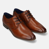 Cognac leather derby dress shoes by Bugatti, with black laces and navy blue interior lining.