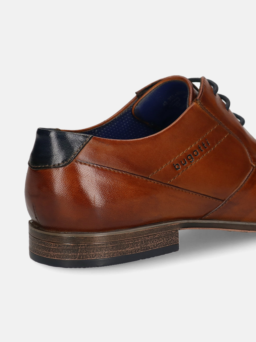 Cognac leather formal derby shoes by bugatti with a dark blue heel accent.