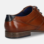 Cognac leather formal derby shoes by bugatti with a dark blue heel accent.