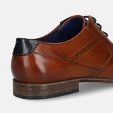 Cognac leather formal derby shoes by bugatti with a dark blue heel accent.