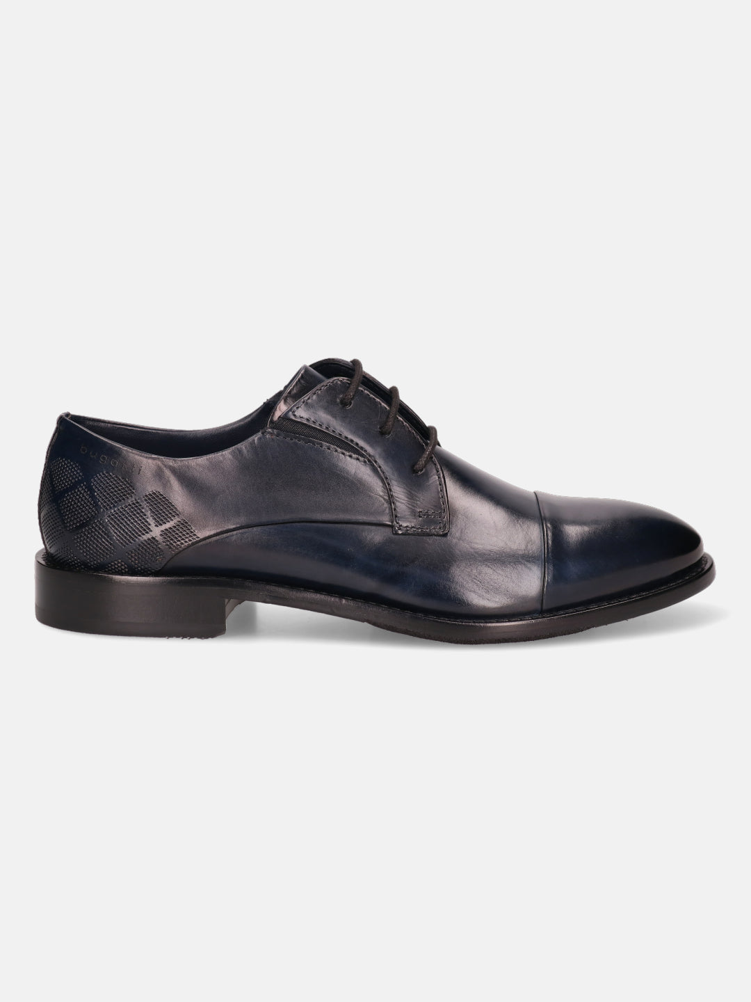 Dark blue leather derby shoe by bugatti, featuring patterned heel detail, and a cap toe.