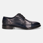 Dark blue leather derby shoe by bugatti, featuring patterned heel detail, and a cap toe.