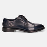 Dark blue leather derby shoe by bugatti, featuring patterned heel detail, and a cap toe.