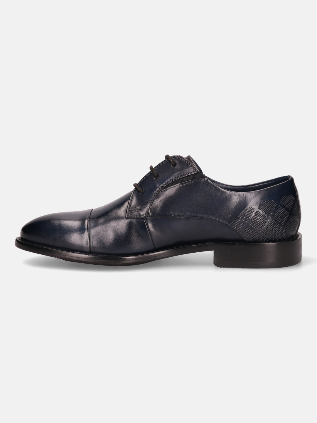 Dark blue leather derby formal shoe by bugatti, featuring a cap toe and a subtle textured heel.
