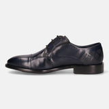 Dark blue leather derby formal shoe by bugatti, featuring a cap toe and a subtle textured heel.
