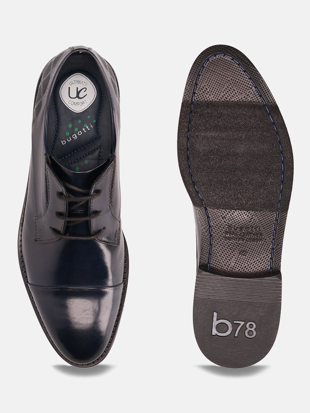 Dark blue leather formal shoes by bugatti, shown with visible sole and comfort insole.