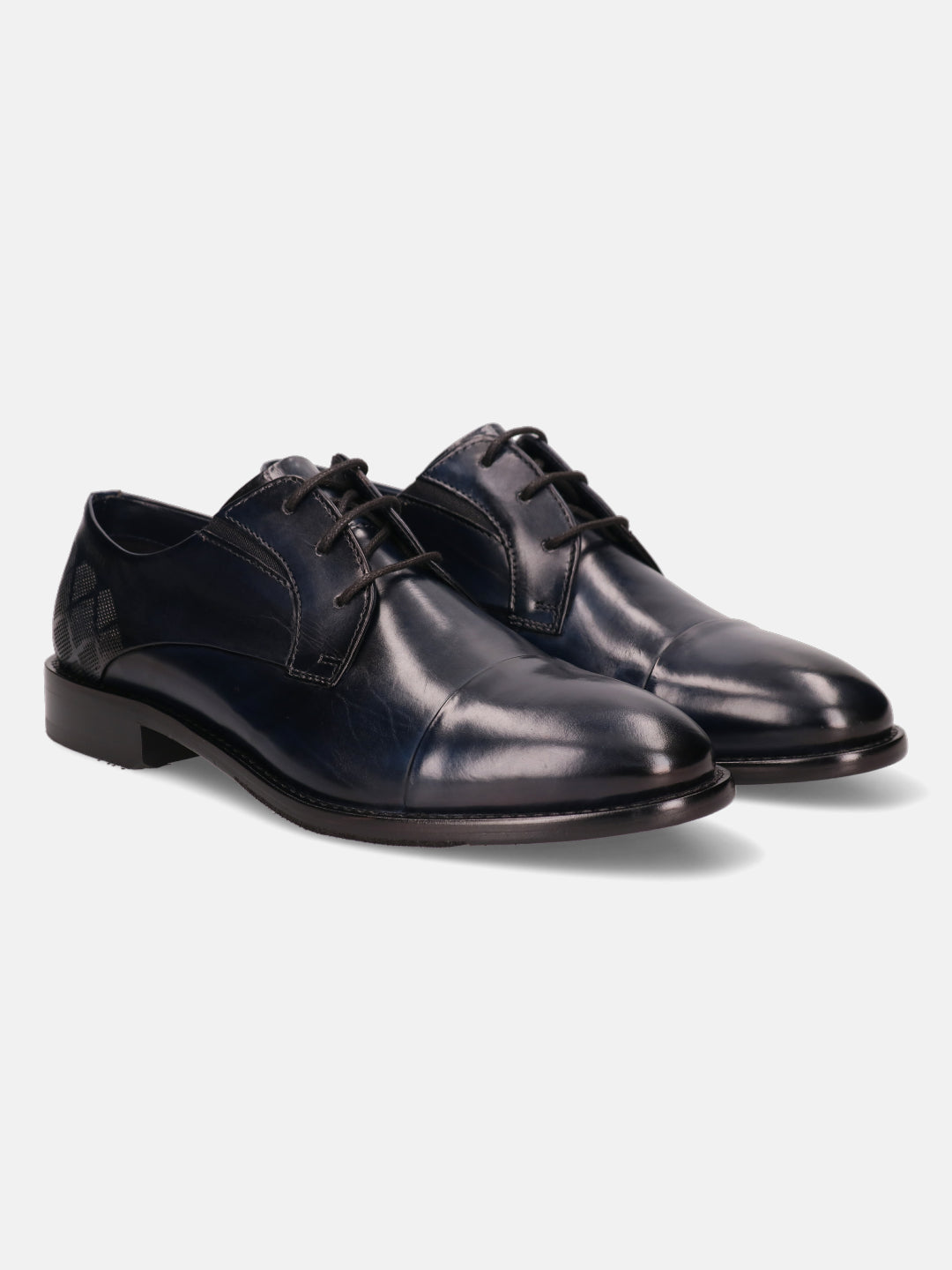 Dark blue leather derby shoes by bugatti with a subtle geometric pattern on the heel.