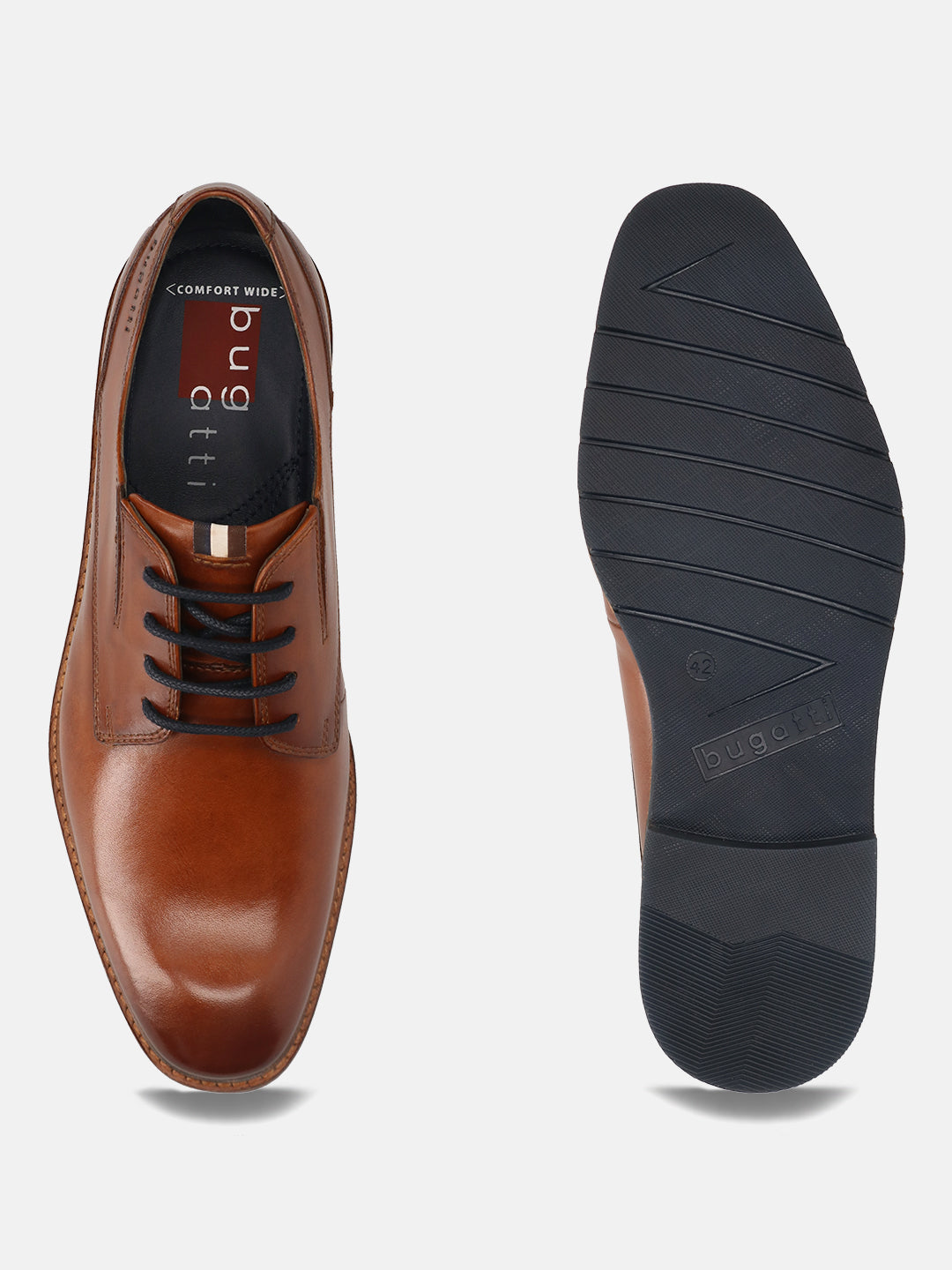 Men's Bugatti derby cognac leather shoes with a round toe and plain toe featuring a stacked heel , a tpr outsole , and laces fastening.
