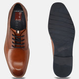 Men's Bugatti derby cognac leather shoes with a round toe and plain toe featuring a stacked heel , a tpr outsole , and laces fastening.