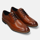 Men's Bugatti derby cognac leather shoes with a round toe and plain toe featuring a stacked heel , a tpr outsole , and laces fastening.