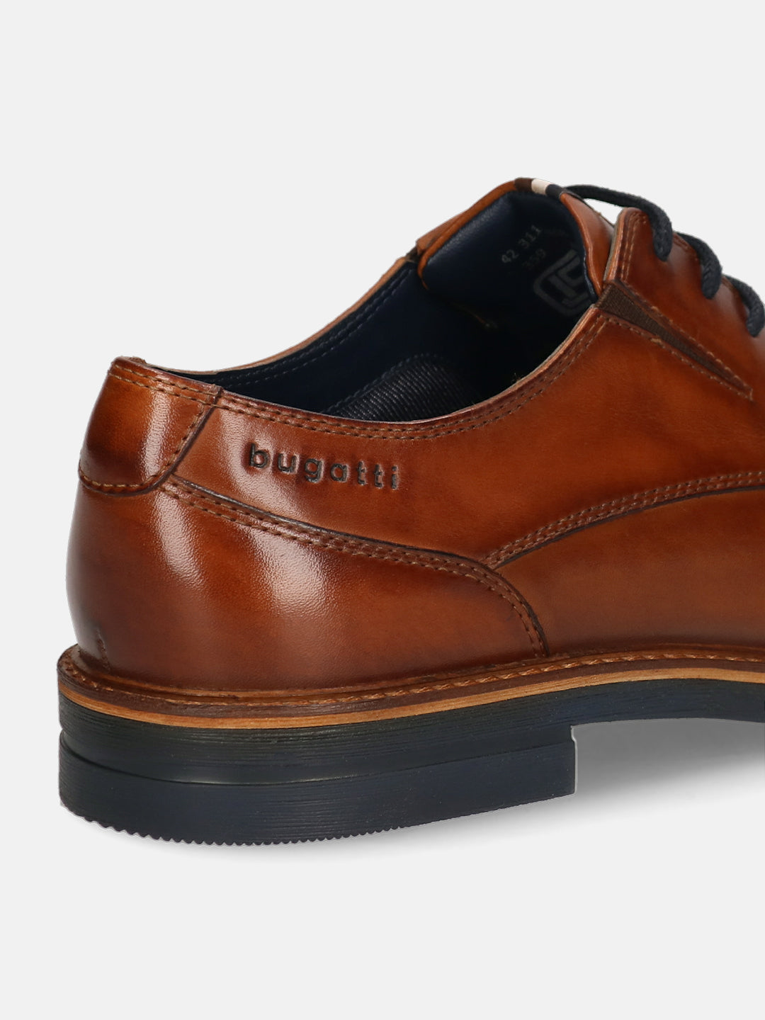 Men's Bugatti derby cognac leather shoes with a round toe and plain toe featuring a stacked heel , a tpr outsole , and laces fastening.
