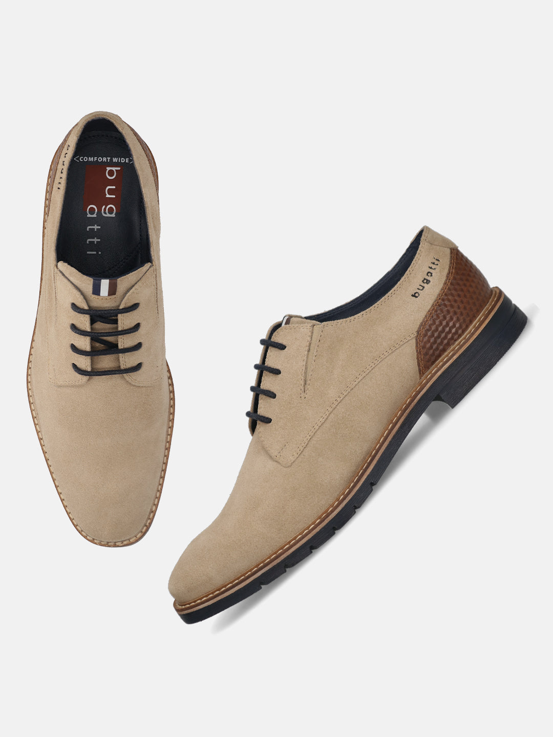 Men's Bugatti derby beige leather shoes with a round toe and plain toe featuring a stacked heel , a tpr outsole , and laces fastening.