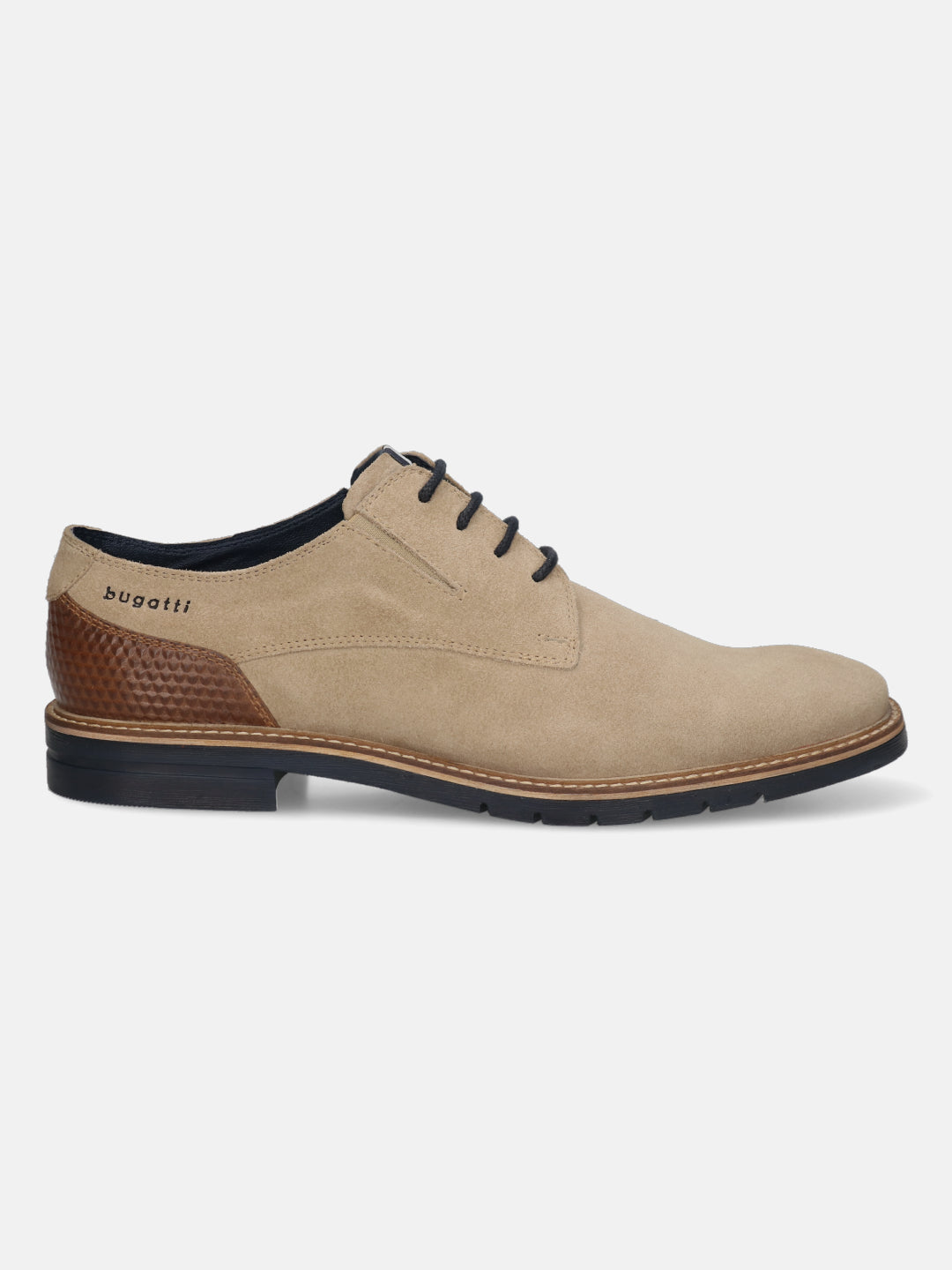 Men's Bugatti derby beige leather shoes with a round toe and plain toe featuring a stacked heel , a tpr outsole , and laces fastening.