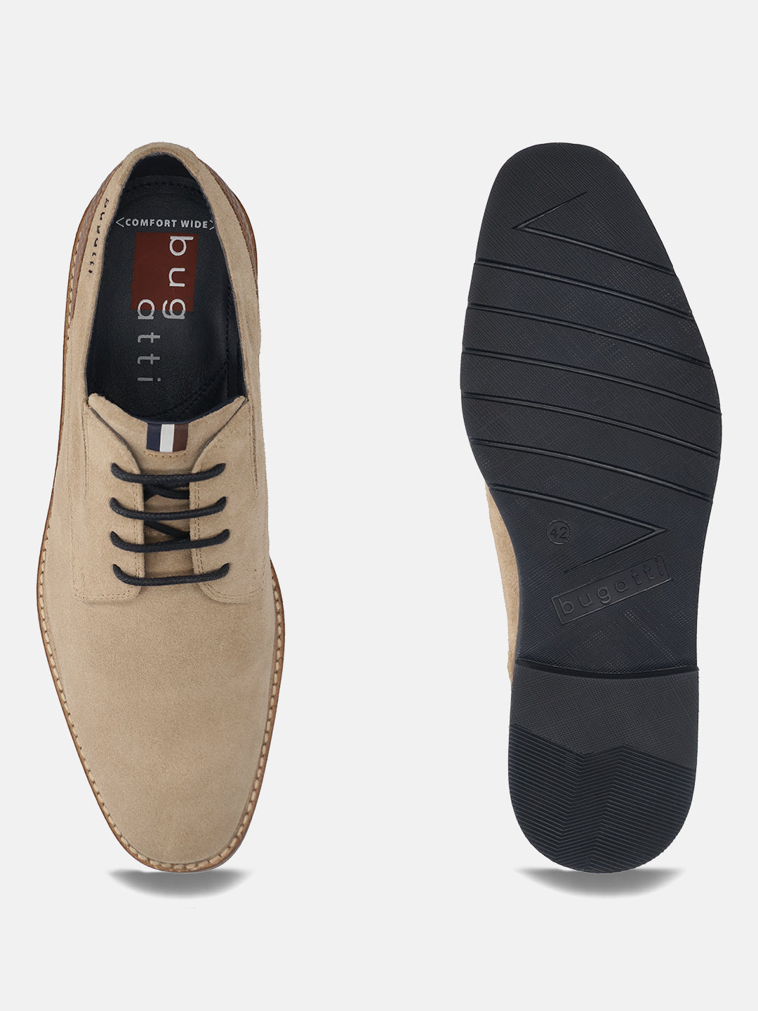 Men's Bugatti derby beige leather shoes with a round toe and plain toe featuring a stacked heel , a tpr outsole , and laces fastening.