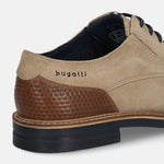 Men's Bugatti derby beige leather shoes with a round toe and plain toe featuring a stacked heel , a tpr outsole , and laces fastening.