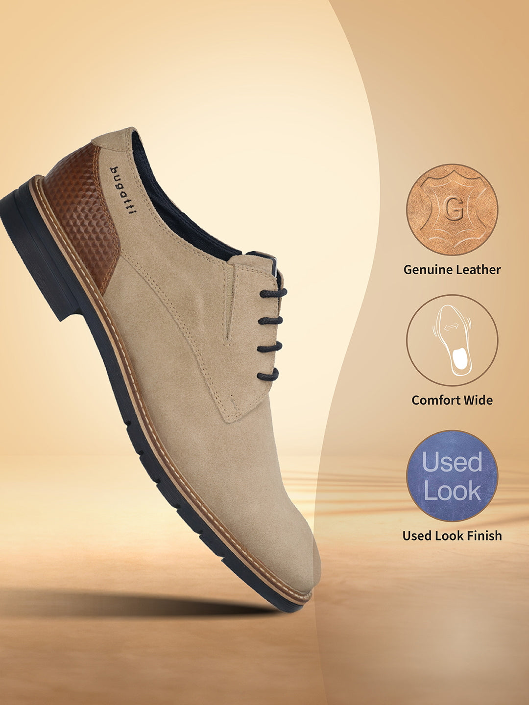 Men's Bugatti derby beige leather shoes with a round toe and plain toe featuring a stacked heel , a tpr outsole , and laces fastening.