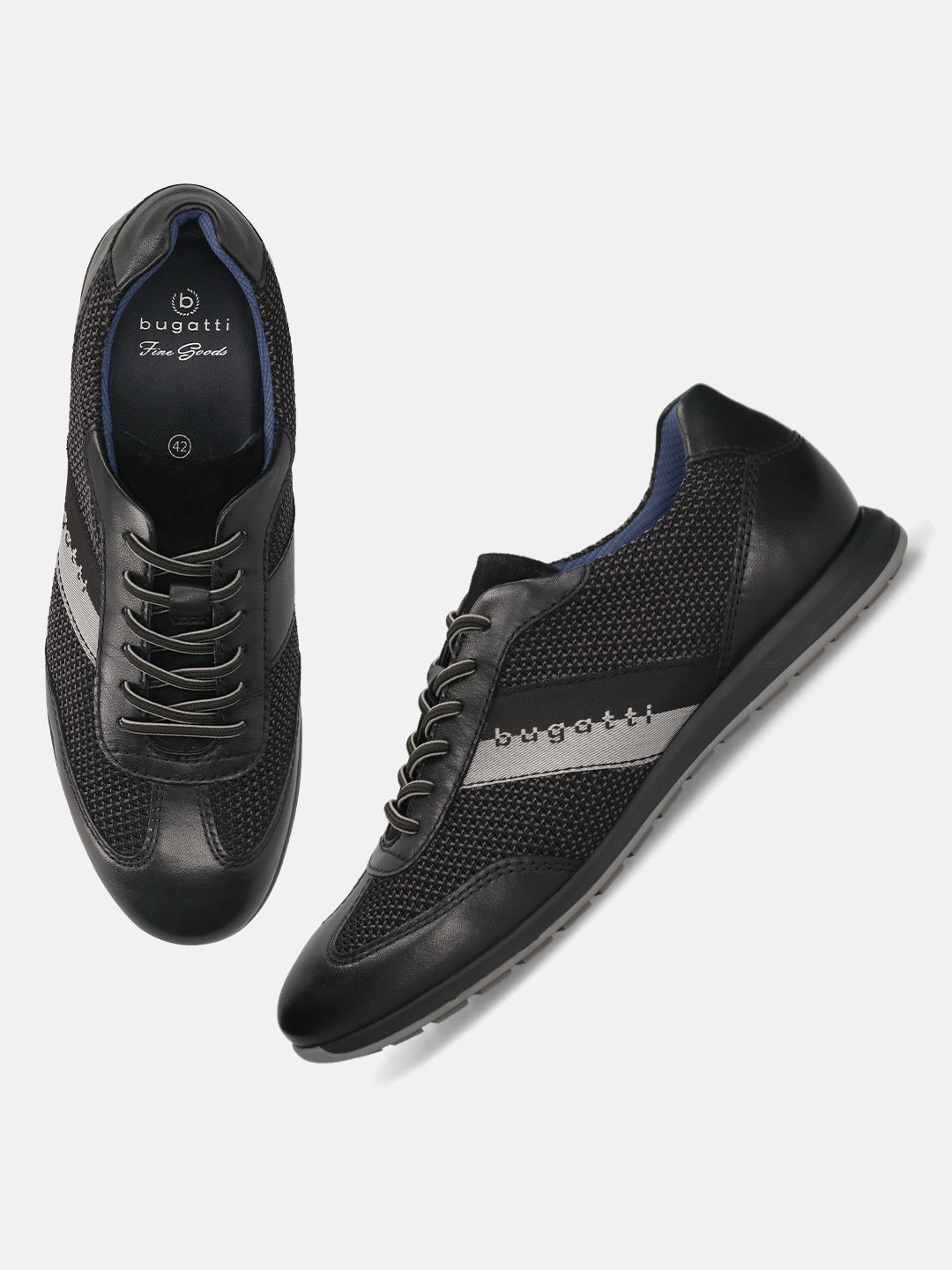 Men's Bugatti leather black leather shoes with a round toe , a tpr outsole , and laces fastening.