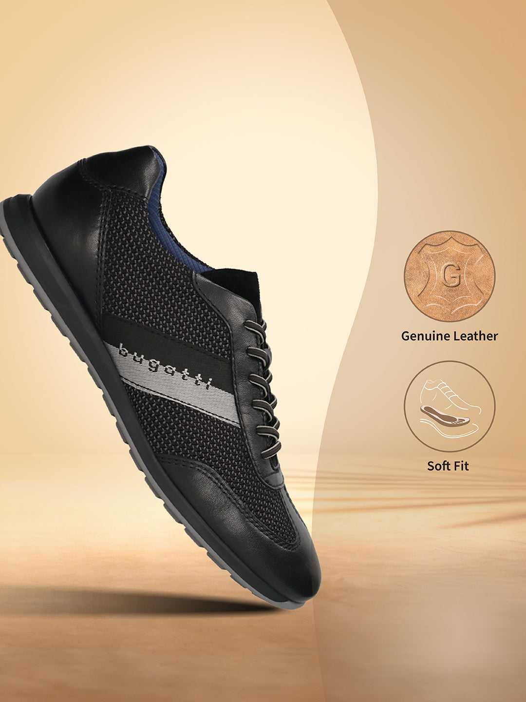 Men's Bugatti leather black leather shoes with a round toe , a tpr outsole , and laces fastening.