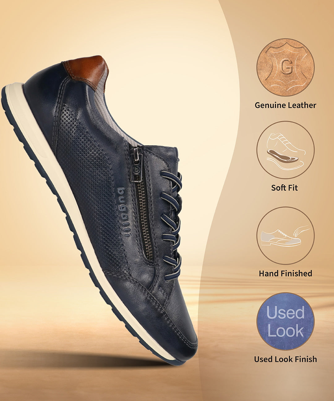 Dark blue leather sneakers by bugatti with a zipper closure and decorative perforations.