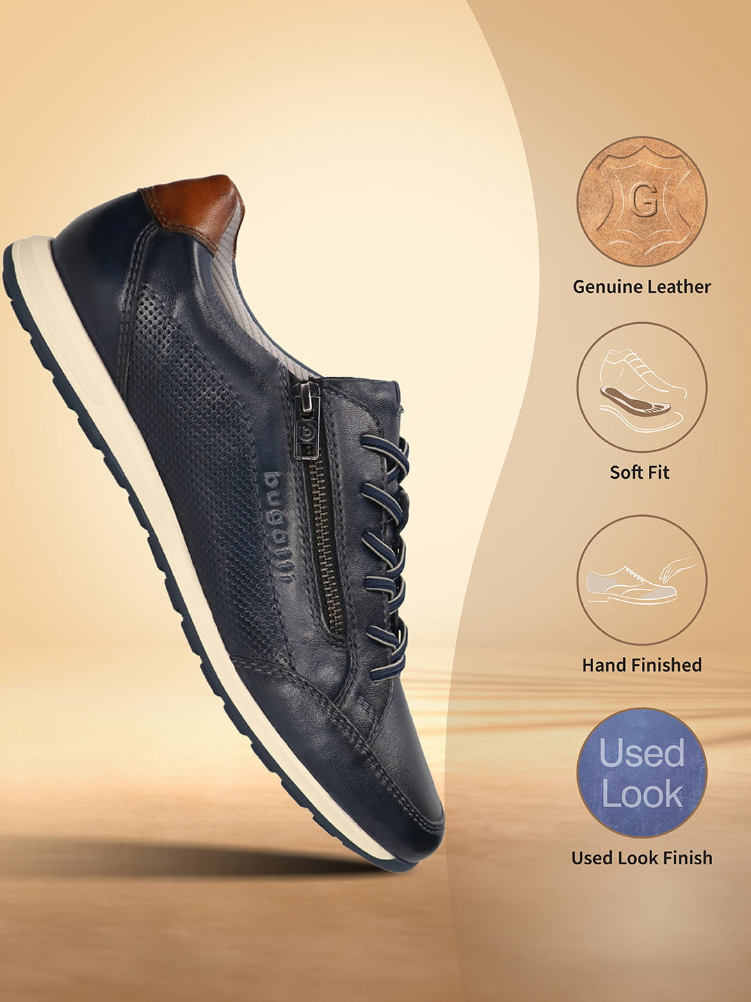 Dark blue leather sneakers by bugatti with a zipper closure and decorative perforations.