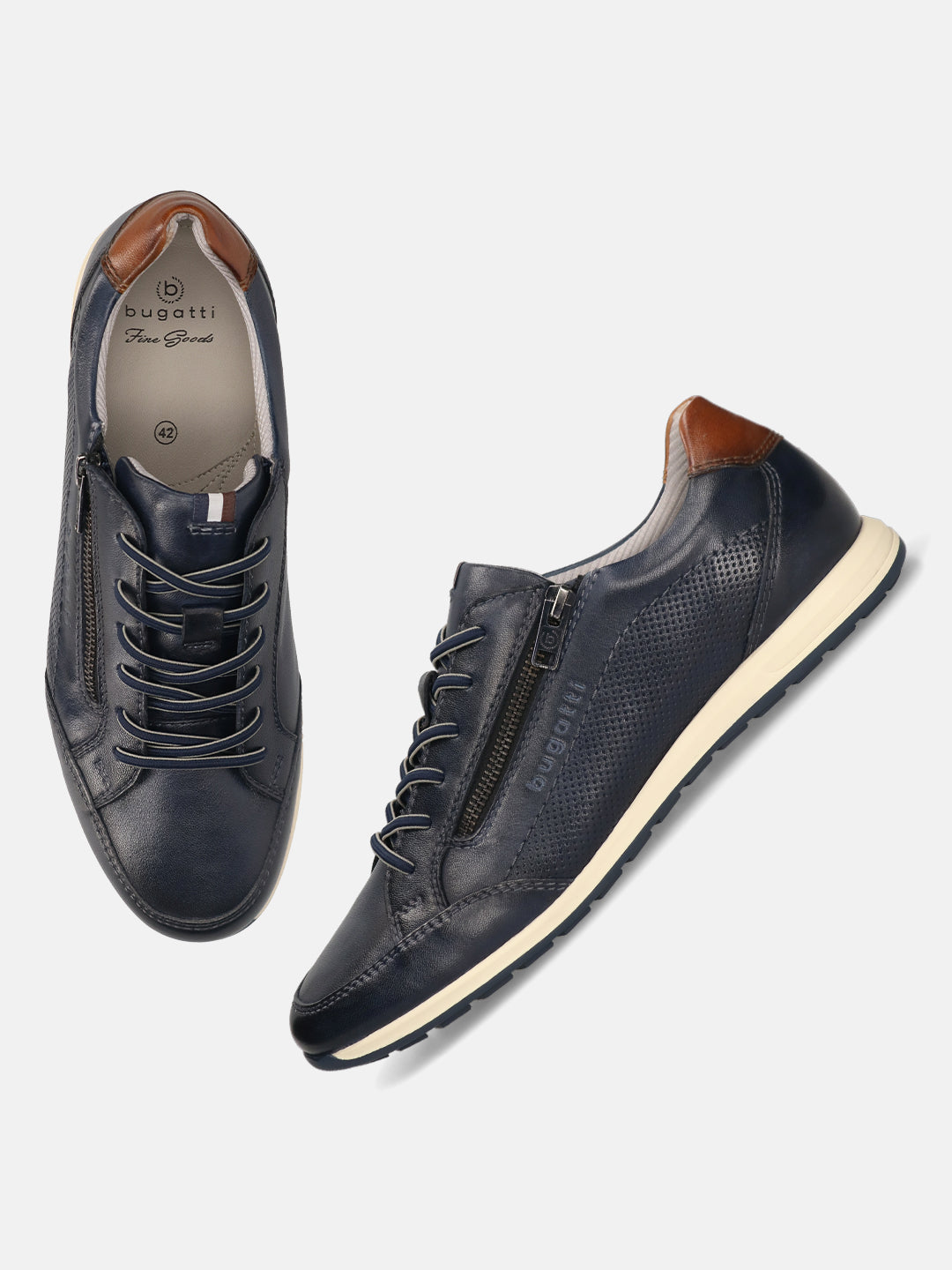 bugatti Thorello dark blue leather sneakers with perforated sides, laces, and side zipper detail.