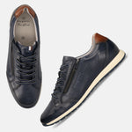 bugatti Thorello dark blue leather sneakers with perforated sides, laces, and side zipper detail.