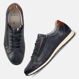 bugatti Thorello dark blue leather sneakers with perforated sides, laces, and side zipper detail.