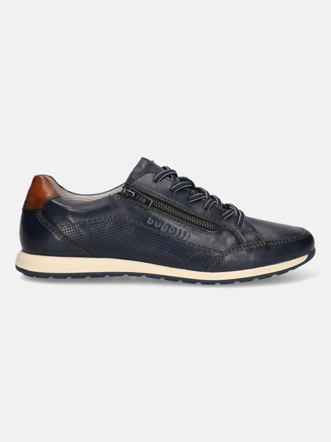 Side view of a bugatti Thorello dark blue premium leather comfort sneaker with zipper detail and brown heel.