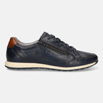 Side view of a bugatti Thorello dark blue premium leather comfort sneaker with zipper detail and brown heel.