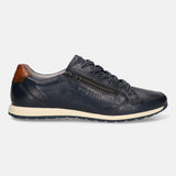 Side view of a bugatti Thorello dark blue premium leather comfort sneaker with zipper detail and brown heel.