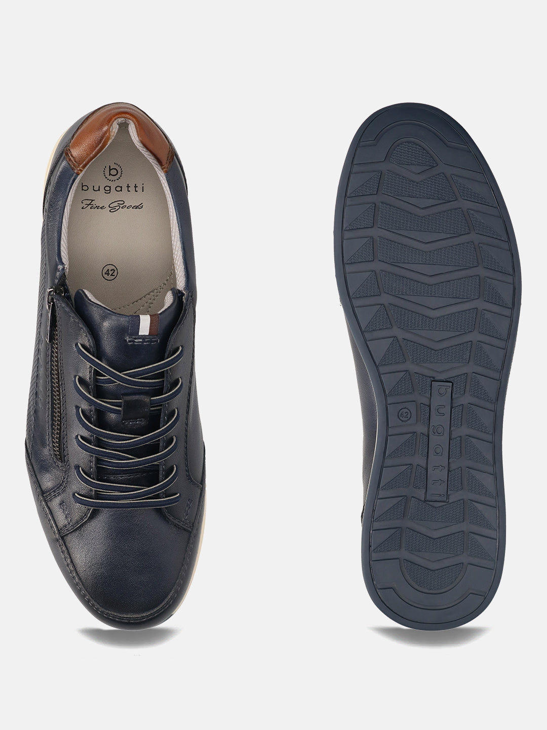 bugatti Thorello dark blue leather sneakers with laces and side zipper, shown with the textured sole visible.