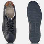 bugatti Thorello dark blue leather sneakers with laces and side zipper, shown with the textured sole visible.