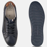 bugatti Thorello dark blue leather sneakers with laces and side zipper, shown with the textured sole visible.