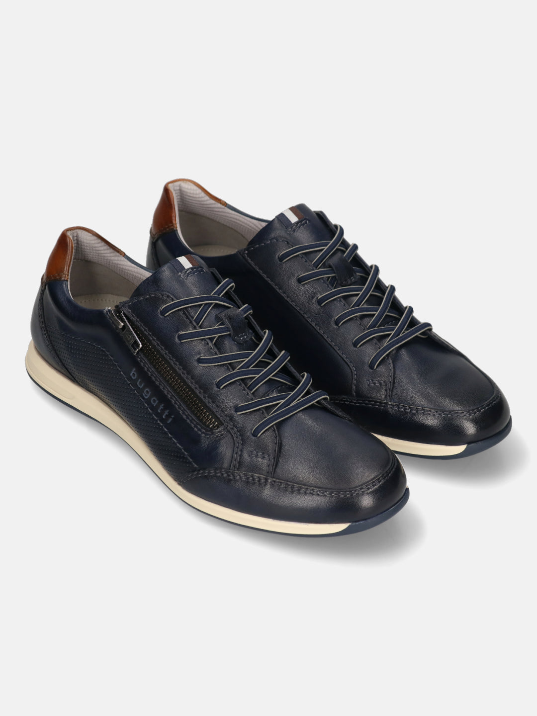 bugatti Thorello dark blue leather sneakers with side zip, brown accent at the heel, and lace-up closure.