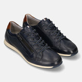bugatti Thorello dark blue leather sneakers with side zip, brown accent at the heel, and lace-up closure.
