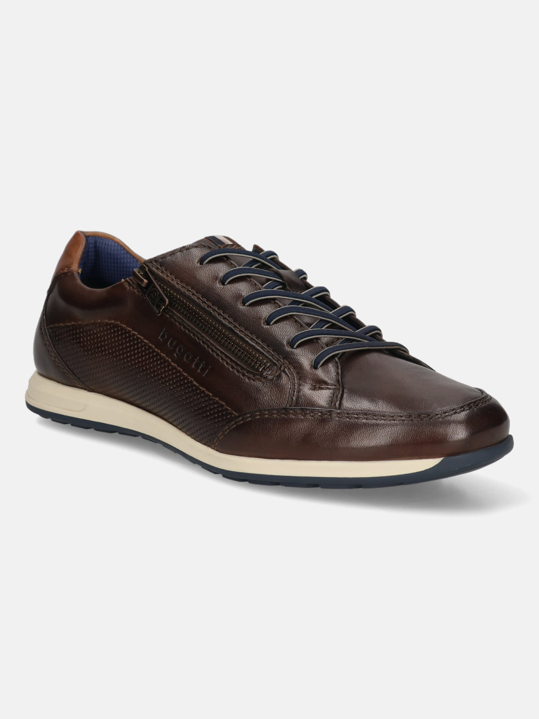 Brown leather comfort sneakers by bugatti with side zip, tonal stitching, and perforated details.