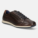 Brown leather comfort sneakers by bugatti with side zip, tonal stitching, and perforated details.