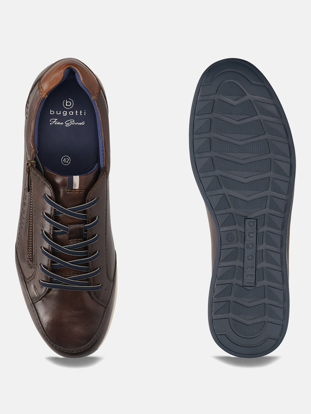 Brown leather comfort sneakers by bugatti, with dark blue laces and sole, shown from above.