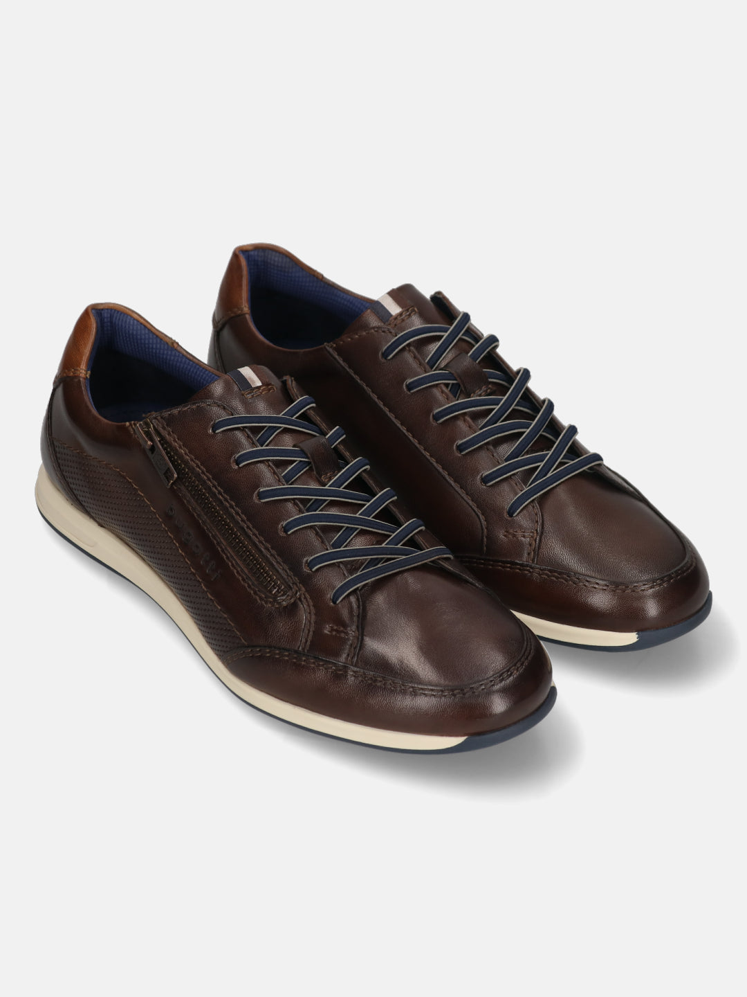 Brown leather comfort sneakers by bugatti with blue laces and zipper detail.