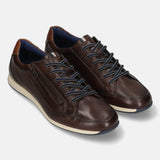 Brown leather comfort sneakers by bugatti with blue laces and zipper detail.