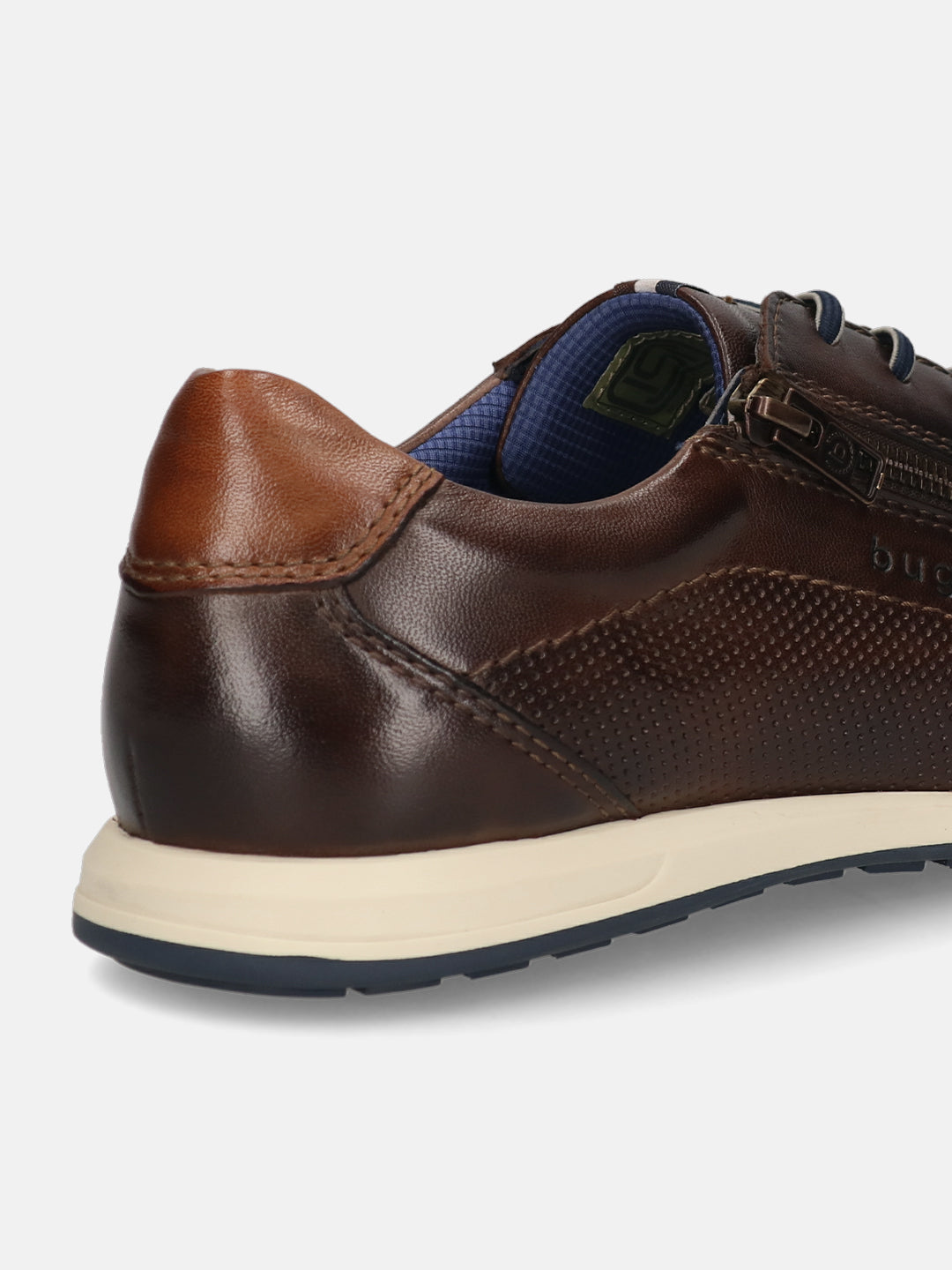 Brown leather comfort sneakers by bugatti with dotted texture and zipper detail.