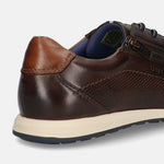 Brown leather comfort sneakers by bugatti with dotted texture and zipper detail.
