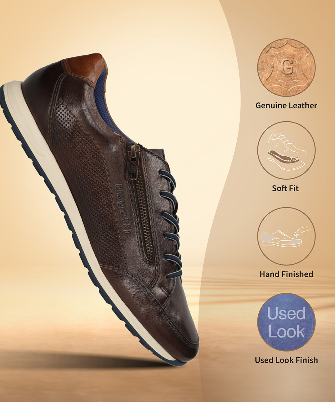 Brown leather comfort sneakers by bugatti with side zipper and contrast blue laces and sole.